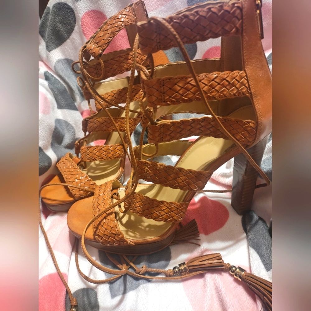 MICHAEL KORS Monterey Leather Woven Heels lace ups sz8.5
